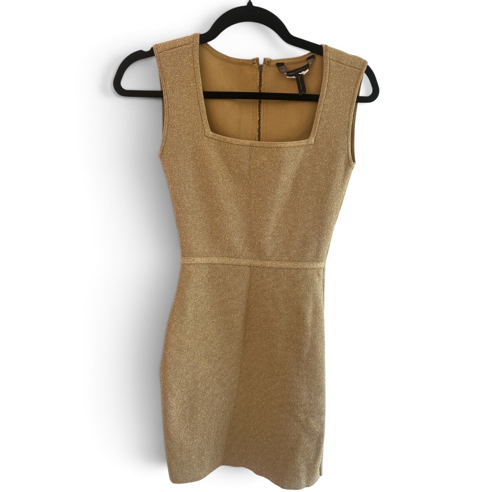 BCBGMAXAZRIA Womens Gold Metallic Square Neck Sleeveless Bodycon Mini Dress XS